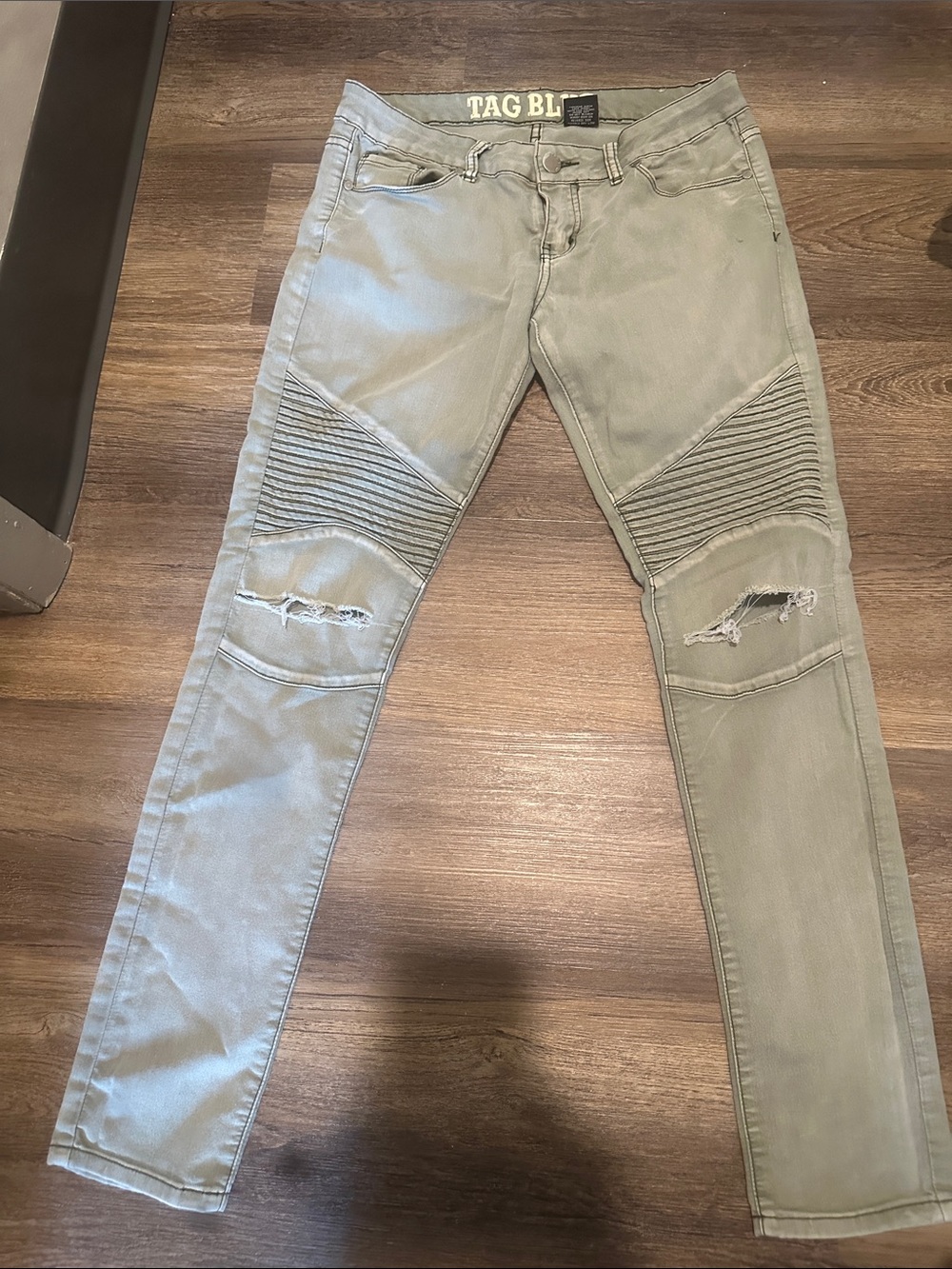 Women's Skinny Jeans in Olive Green with Moto Ribbing